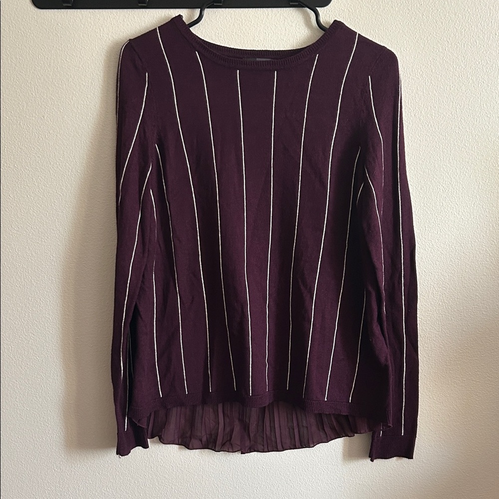 NWT Express Women's M Purple Wine Striped Crew Neck Pleated Back Sweater